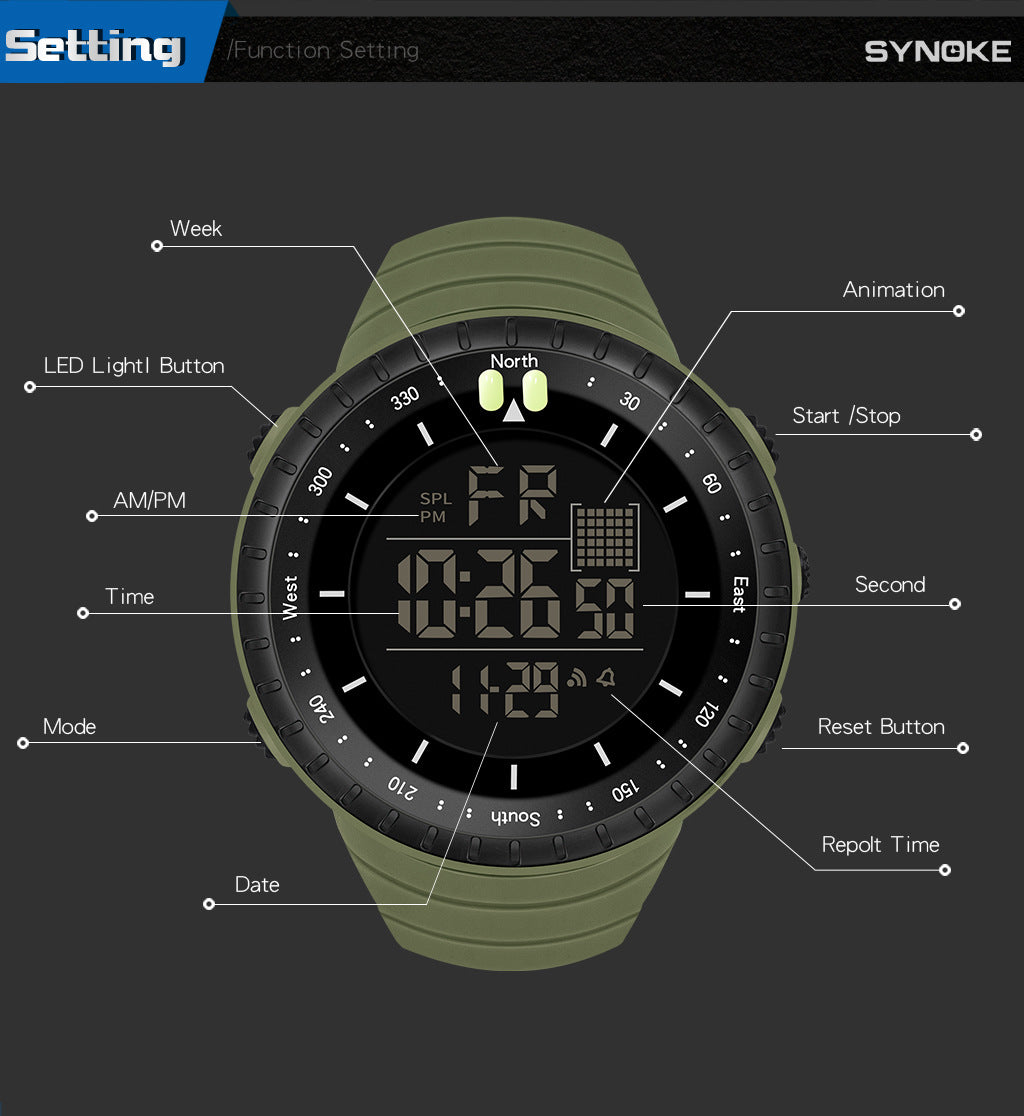 Factory Product Synoke Sports Electronic Watch Outdoor Mountaineering Multi-Functional Luminous Waterproof Large Dial Fashionable Commuter Watch