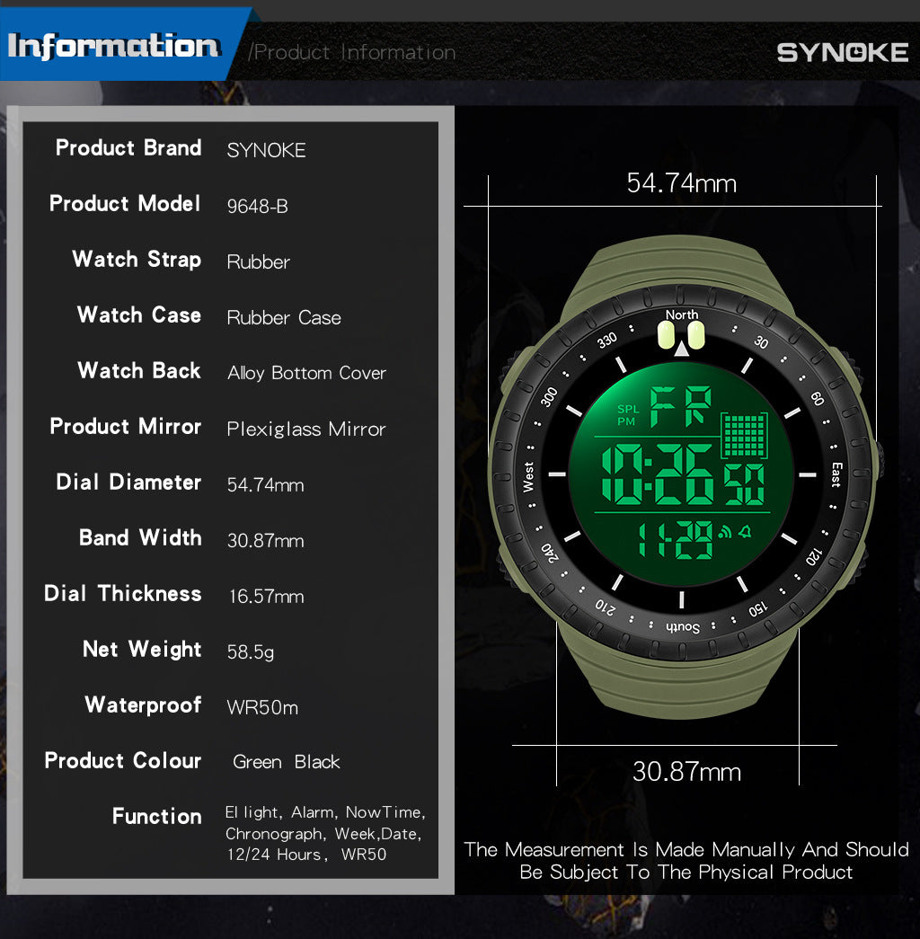 Factory Product Synoke Sports Electronic Watch Outdoor Mountaineering Multi-Functional Luminous Waterproof Large Dial Fashionable Commuter Watch