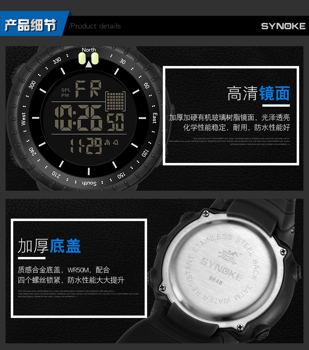 Factory Product Synoke Sports Electronic Watch Outdoor Mountaineering Multi-Functional Luminous Waterproof Large Dial Fashionable Commuter Watch