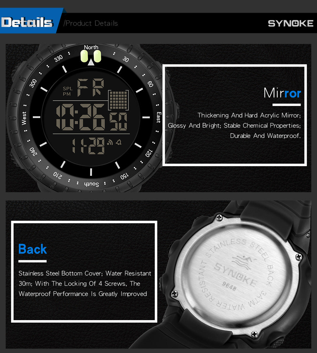Factory Product Synoke Sports Electronic Watch Outdoor Mountaineering Multi-Functional Luminous Waterproof Large Dial Fashionable Commuter Watch