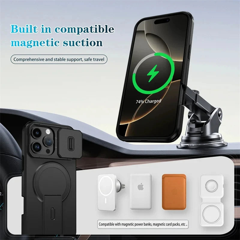 Lens Protect Camera Phone Case for iPhone 16 15 14 13 Pro Max 14Plus 15Plus 16Plus 16e 16 15 14 Pro 17 Magnetic Kickstand Cover