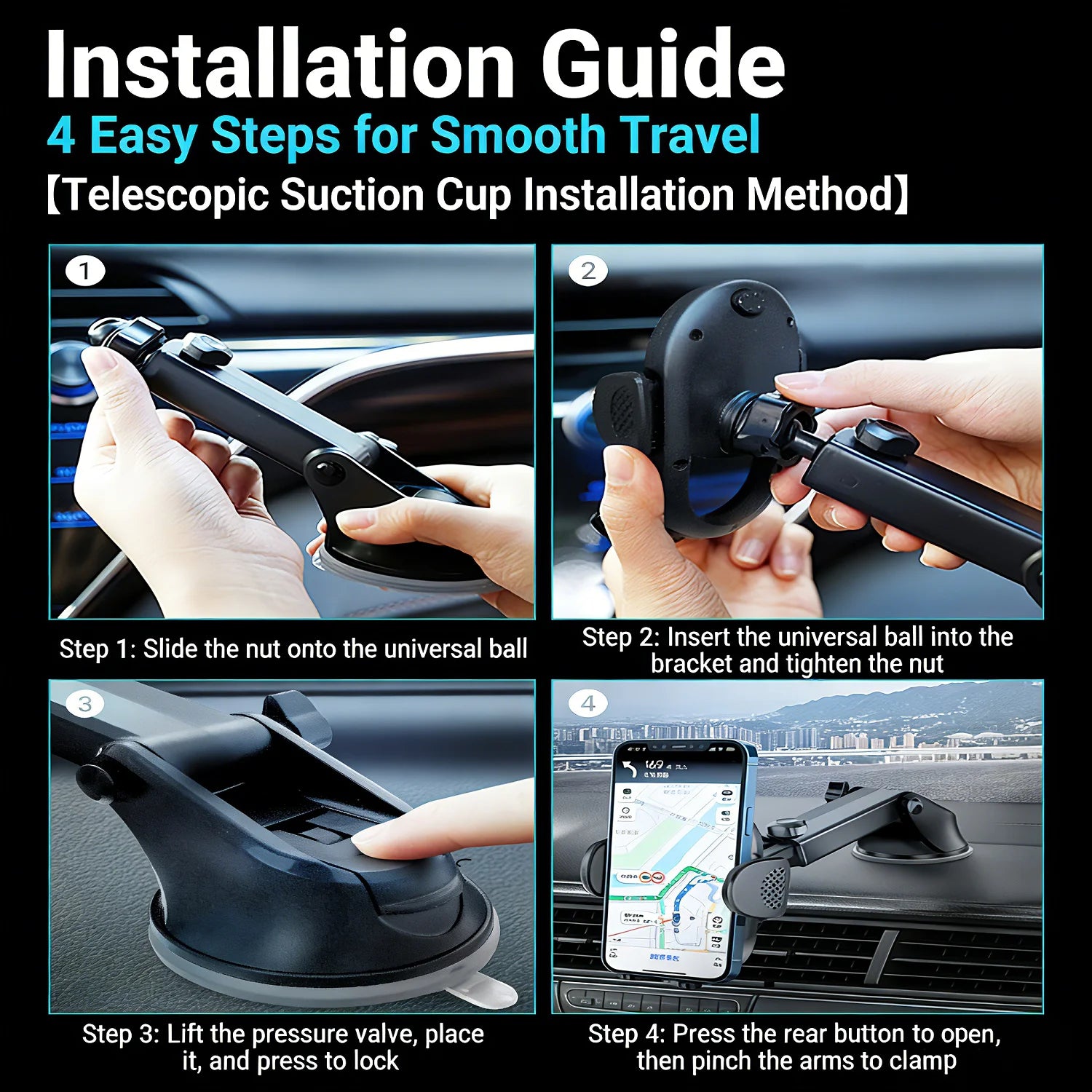 Phone Holder for Car【360° Widest View】Extension Long Arm, POJO Universal Handfree Auto Dashboard/Windshield Air Vent Phone Mount