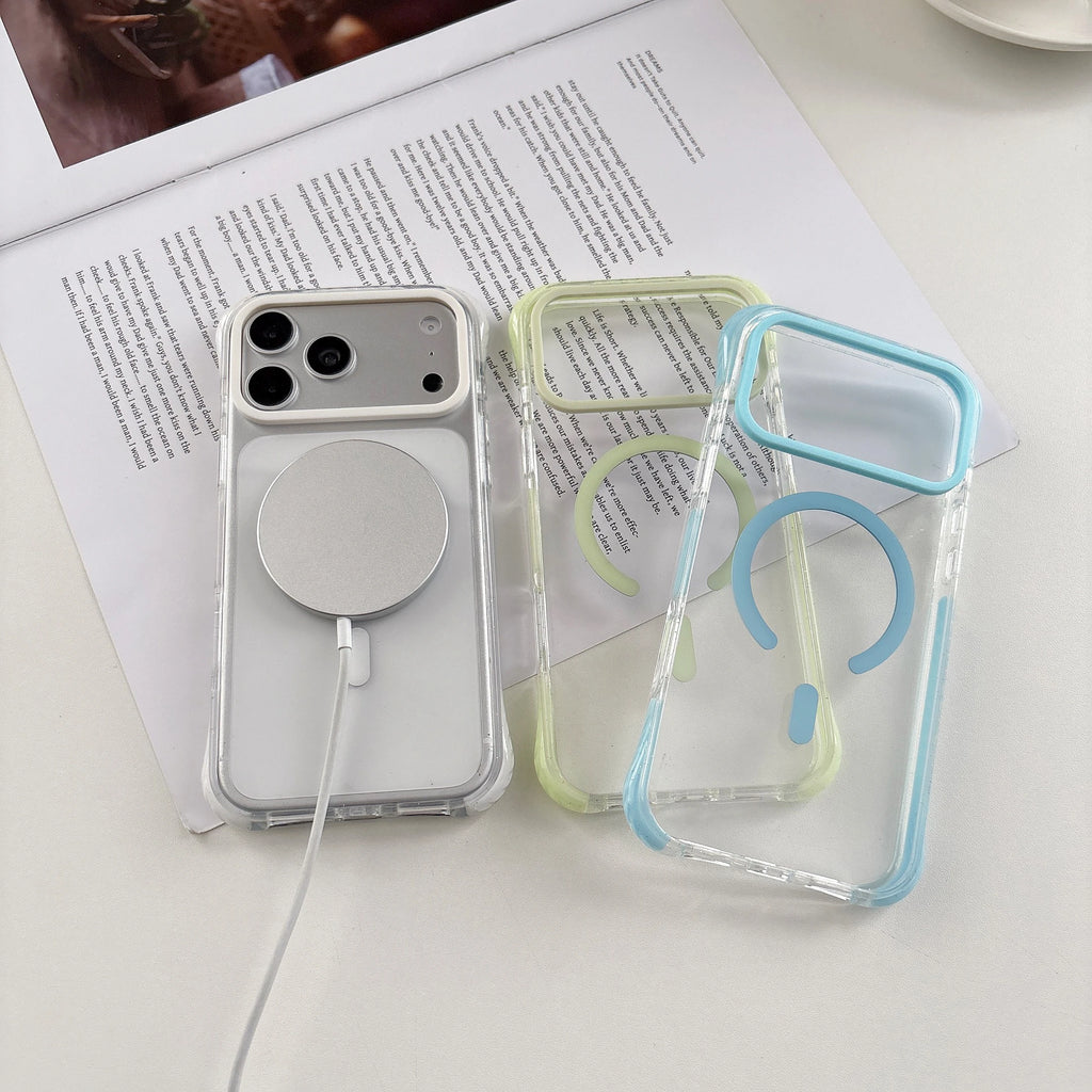 Simple Fashion Transparent For MagSafe Magnetic Phone Case For iPhone 17 16 15 14 13 Pro Max Four Corner Airbag Shockproof Cover