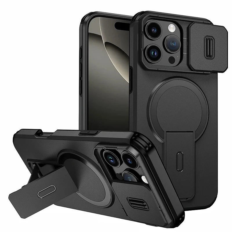 Lens Protect Camera Phone Case for iPhone 16 15 14 13 Pro Max 14Plus 15Plus 16Plus 16e 16 15 14 Pro 17 Magnetic Kickstand Cover