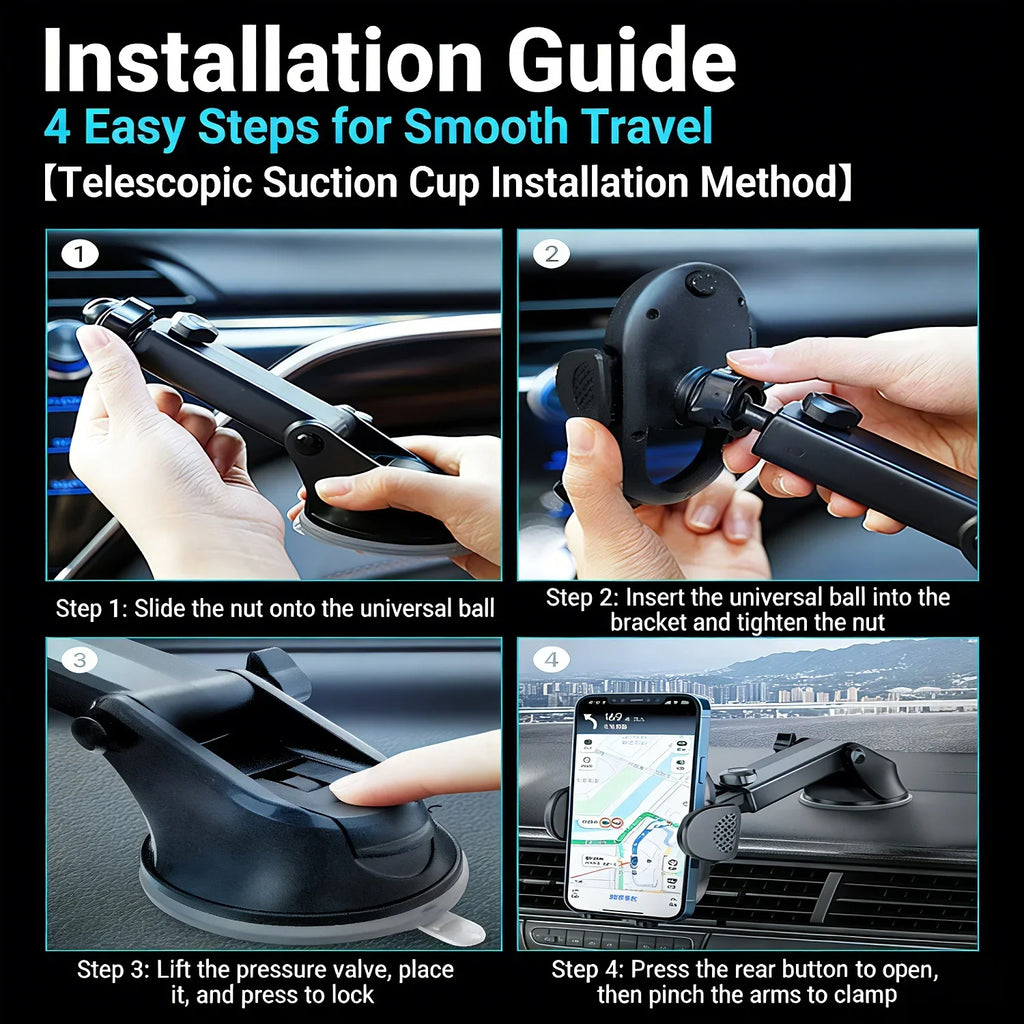 Phone Holder for Car【360° Widest View】Extension Long Arm, POJO Universal Handfree Auto Dashboard/Windshield Air Vent Phone Mount