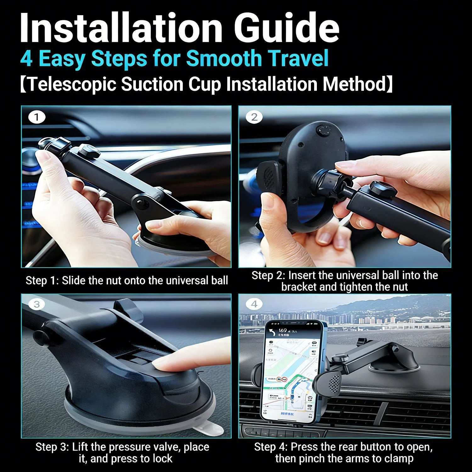 Phone Holder for Car【360° Widest View】Extension Long Arm, POJO Universal Handfree Auto Dashboard/Windshield Air Vent Phone Mount