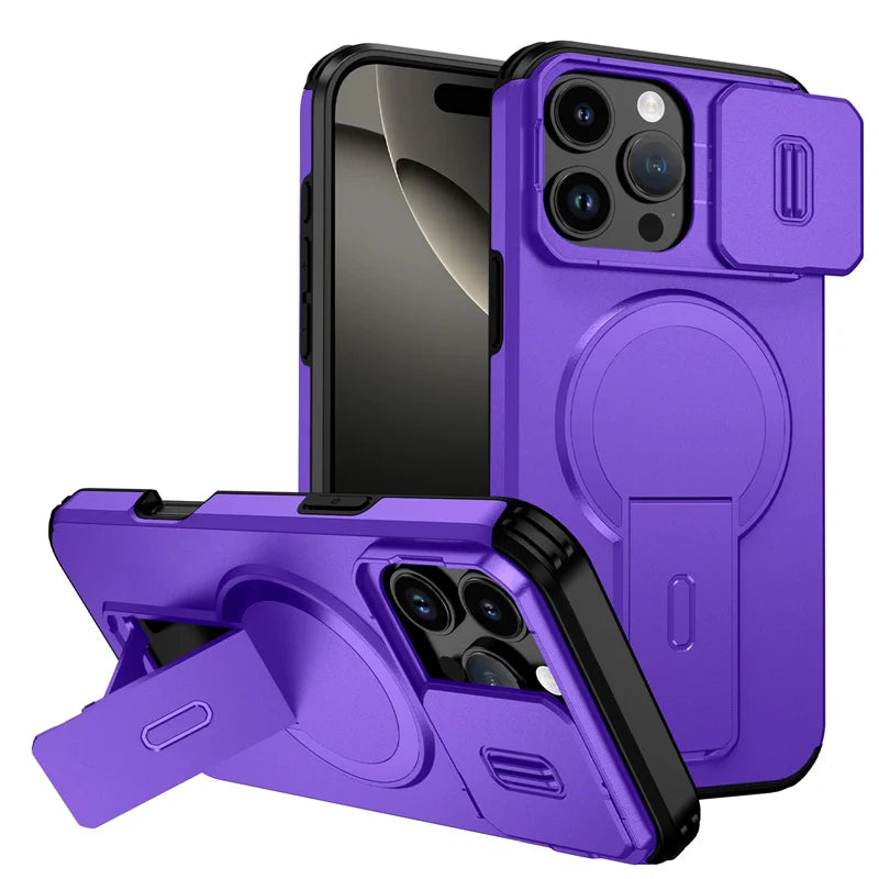 Lens Protect Camera Phone Case for iPhone 16 15 14 13 Pro Max 14Plus 15Plus 16Plus 16e 16 15 14 Pro 17 Magnetic Kickstand Cover
