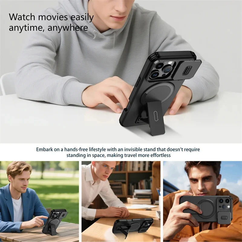 Lens Protect Camera Phone Case for iPhone 16 15 14 13 Pro Max 14Plus 15Plus 16Plus 16e 16 15 14 Pro 17 Magnetic Kickstand Cover