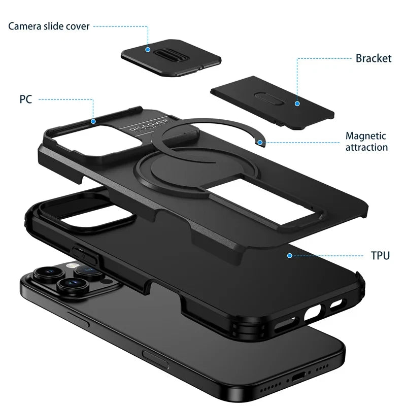 Lens Protect Camera Phone Case for iPhone 16 15 14 13 Pro Max 14Plus 15Plus 16Plus 16e 16 15 14 Pro 17 Magnetic Kickstand Cover