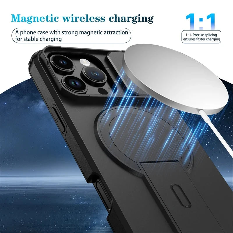 Lens Protect Camera Phone Case for iPhone 16 15 14 13 Pro Max 14Plus 15Plus 16Plus 16e 16 15 14 Pro 17 Magnetic Kickstand Cover