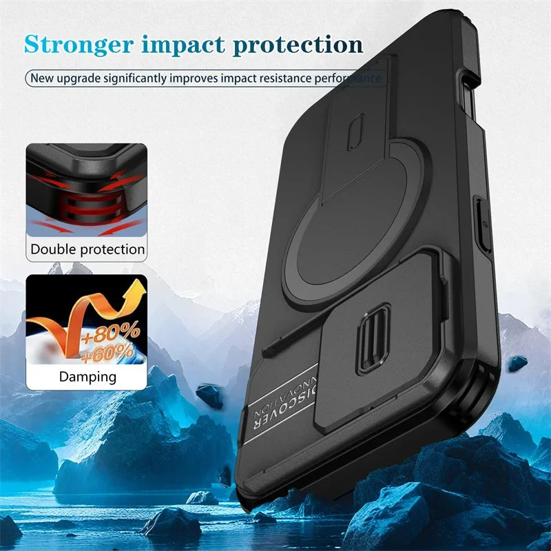 Lens Protect Camera Phone Case for iPhone 16 15 14 13 Pro Max 14Plus 15Plus 16Plus 16e 16 15 14 Pro 17 Magnetic Kickstand Cover
