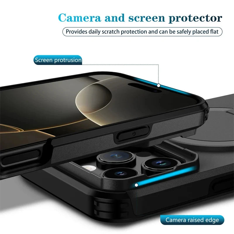 Lens Protect Camera Phone Case for iPhone 16 15 14 13 Pro Max 14Plus 15Plus 16Plus 16e 16 15 14 Pro 17 Magnetic Kickstand Cover