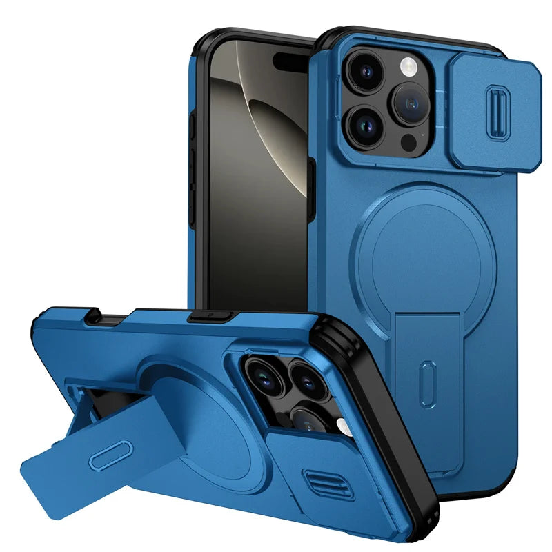 Lens Protect Camera Phone Case for iPhone 16 15 14 13 Pro Max 14Plus 15Plus 16Plus 16e 16 15 14 Pro 17 Magnetic Kickstand Cover