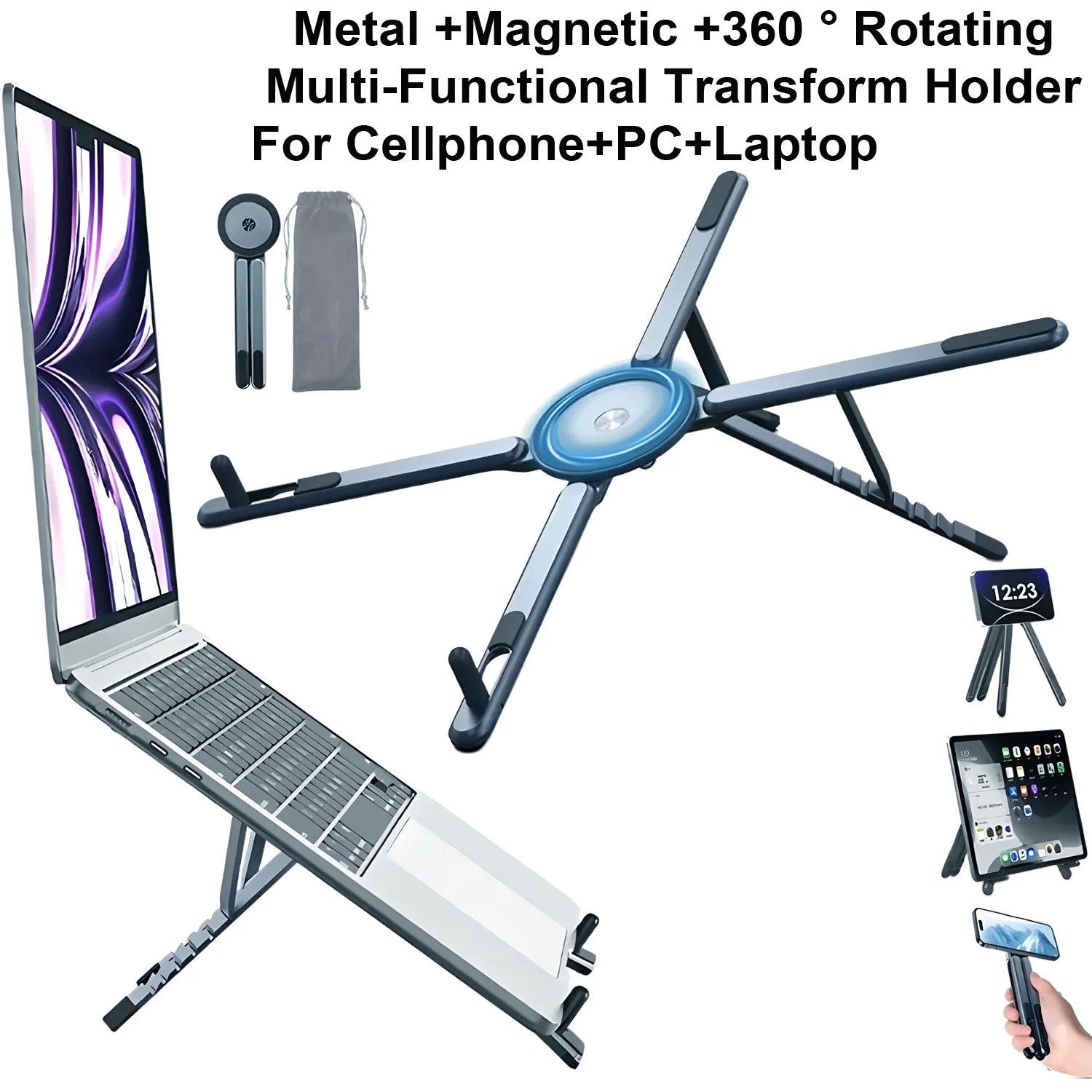 Portable Magnetic Phone Holder & Selfie Stick 3-in-1 Foldable Tripod Stand for iPhone iPad Tablet Laptop Desktop Use