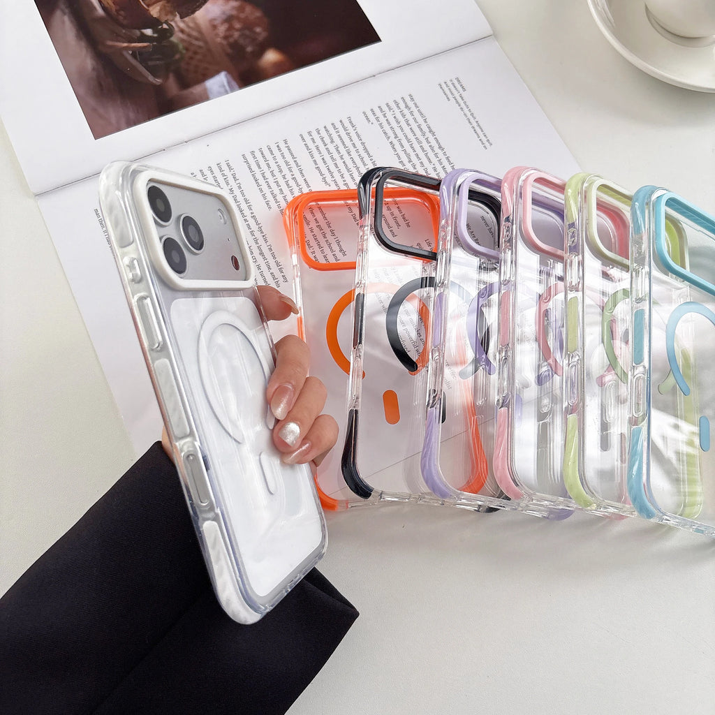 Simple Fashion Transparent For MagSafe Magnetic Phone Case For iPhone 17 16 15 14 13 Pro Max Four Corner Airbag Shockproof Cover